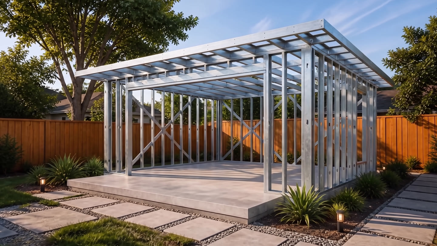 The same backyard home shown as its bare light-gauge steel frame