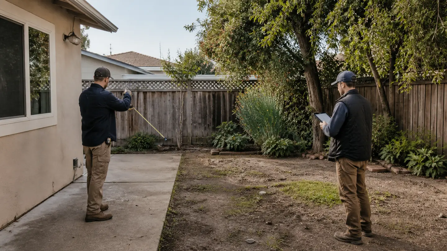 Preliminary site review in a backyard, illustrative process view