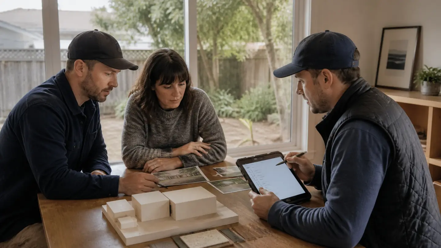 Homeowners choosing a model direction with the project team, illustrative process view