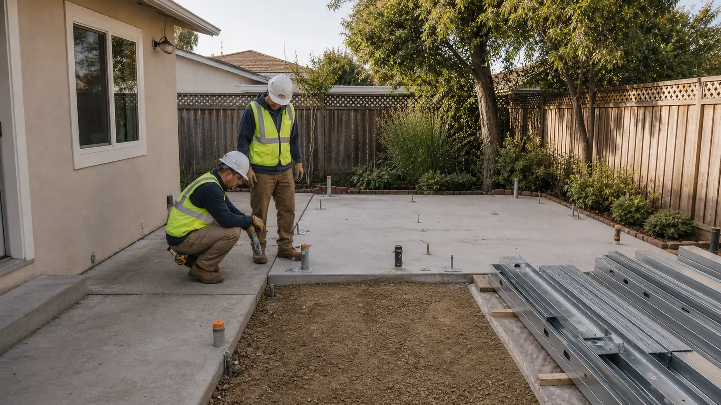 Foundation slab and bundled steel members on site, illustrative process view